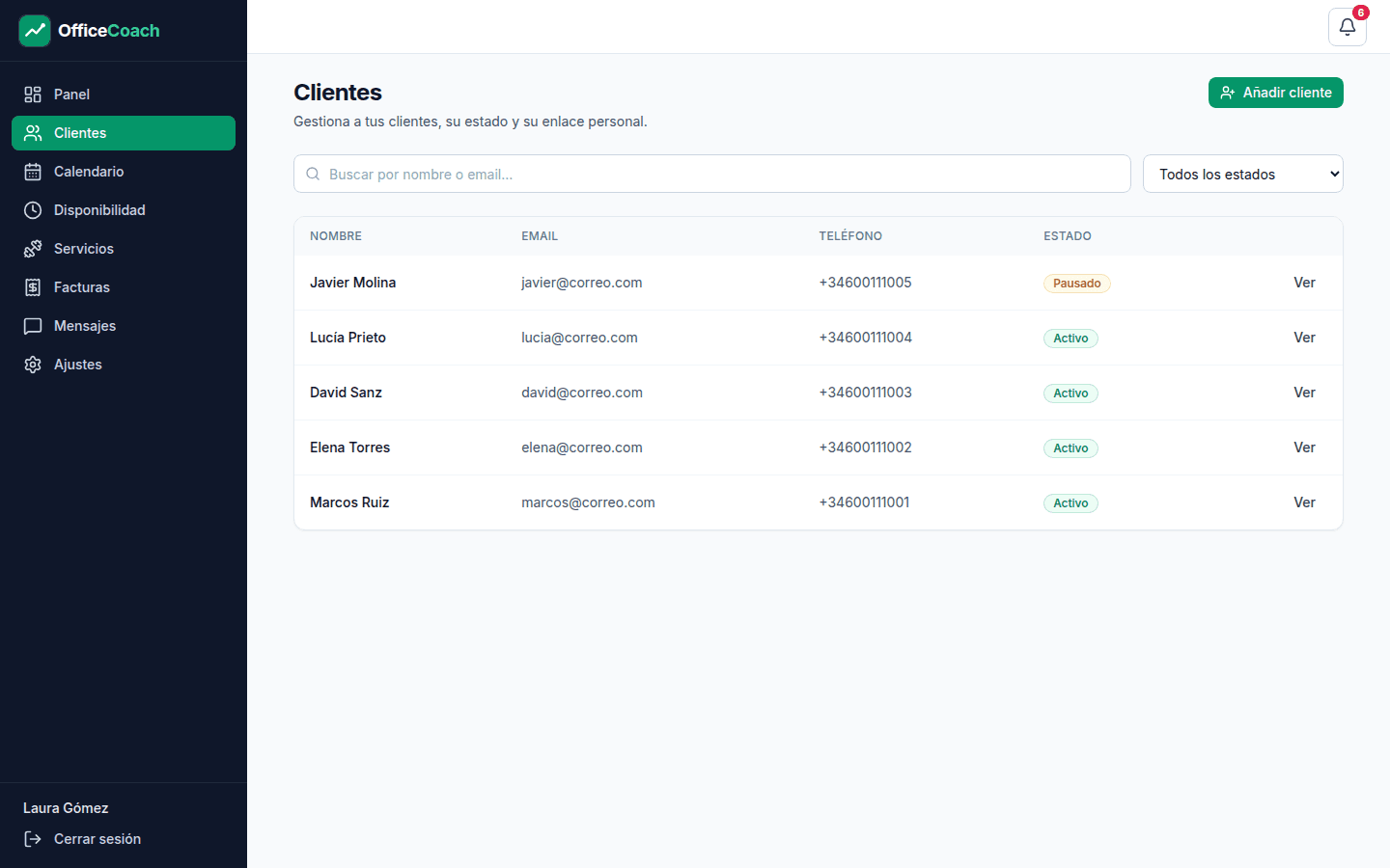 Lista de clientes en OfficeCoach